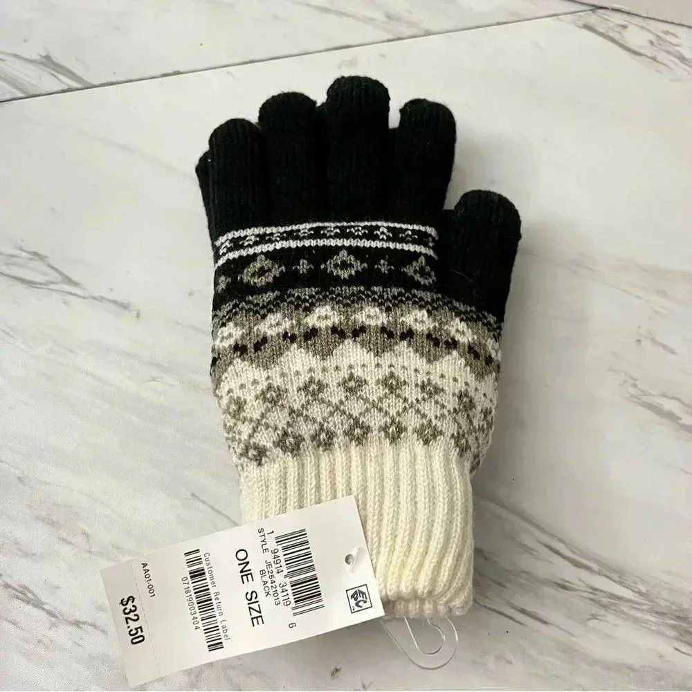 Jenni Fair Isle Design Plush Lined Gloves Black/Ivory One Size O/S